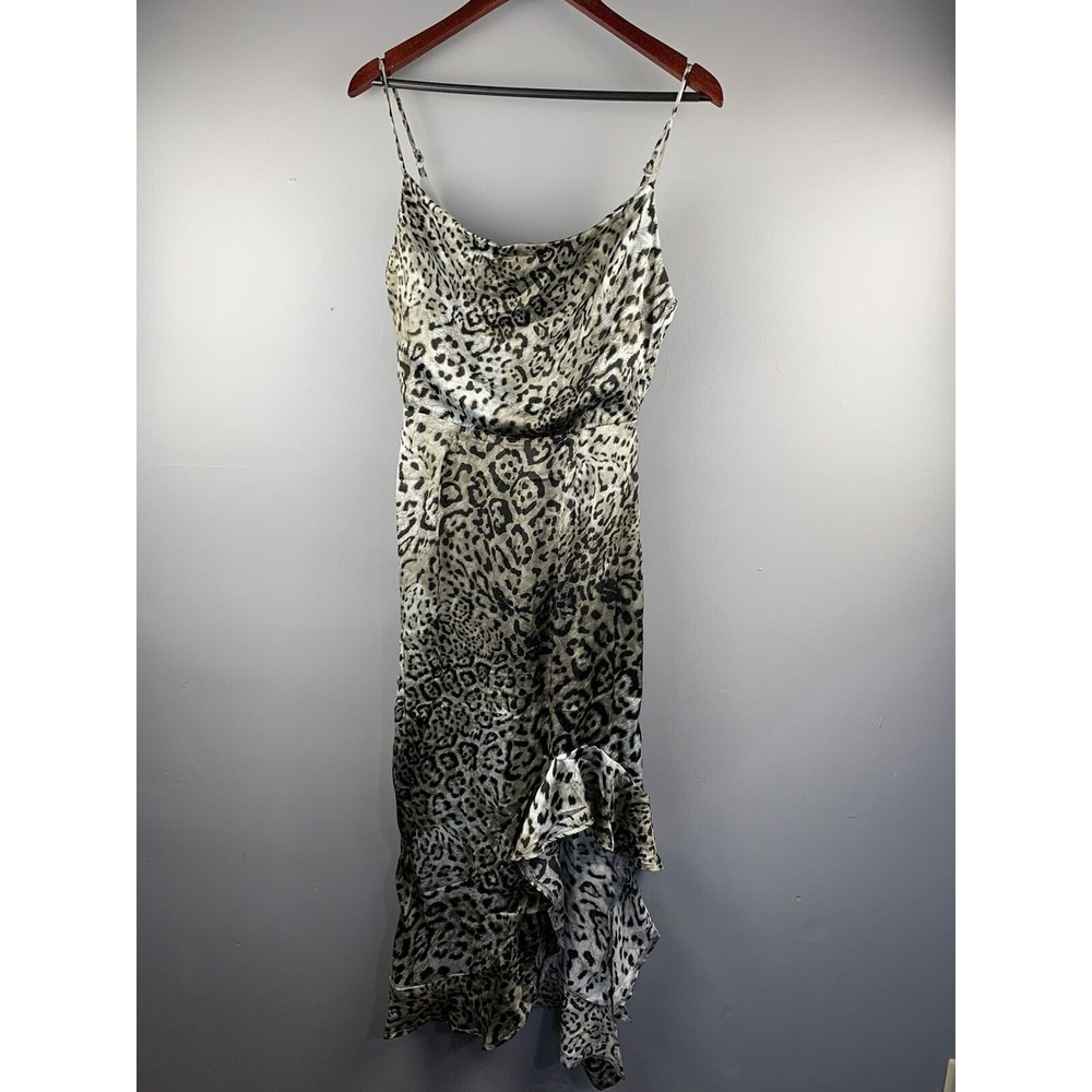 Missguided Dress Womens‎ 4 Grey Leopard Cowl Neck Ruffle Hem Satin Midi Cami